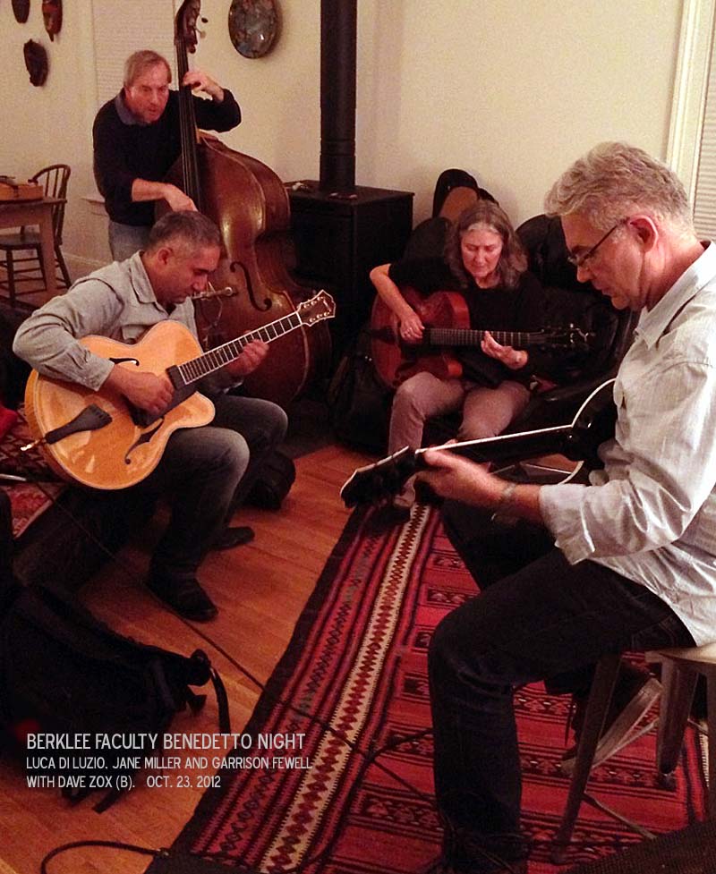 Berklee Faculty Benedetto Night at the home of Garrison Fewell Oct 23, 2012. Luca di Luzio (with Benedetto Manhattan), Jane Miller (with Bravo Elite), and Garrison Fewell (Pat Martino model prototype) with bassist Dave Zox. (Courtesy Howard Paul)