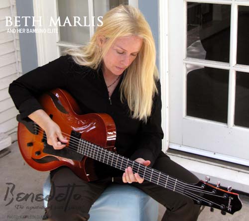 Beth Marlis with her Benedetto Bambino Elite (Violinburst) at her home in CA. (Courtesy Beth Marlis)