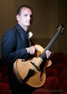 Benedetto Player Dan Sumner, assistant professor of music education and guitar at University of Louisiana Monroe, with his custom spalted alder 16-B (#S1892). (Courtesy Daniel Sumner)