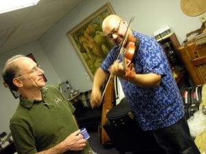 Michele Ramo and Bob Benedetto with violin Sept 2010 Benedetto Guitars Savannah GA