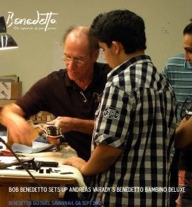 Bob Benedetto Sets up Andreas Varady Bambino Deluxe at Benedetto Guitars, Savannah GA Sept 2012, as his mother looks on