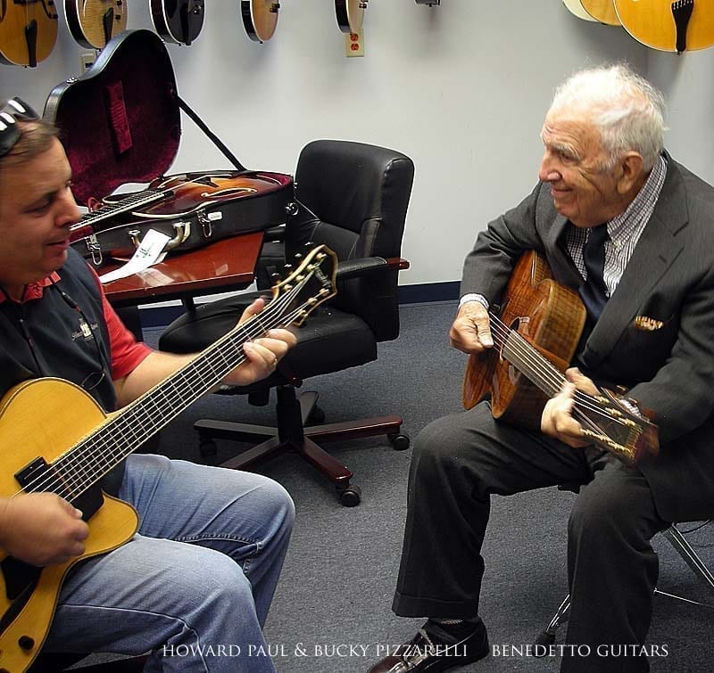 Howard Paul & Bucky Pizzarelli (on Benedetto Sinfonietta S2061GP from Bob's Boutique) at the Benedetto shop in Savannah, 11-7-12. (Courtesy Benedetto Guitars)