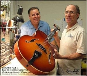 Bob Benedetto and Howard Paul with Benedetto 45th Anniversary Cremona in Final Assembly, Benedetto Guitars,Savannah GA 8-2-13