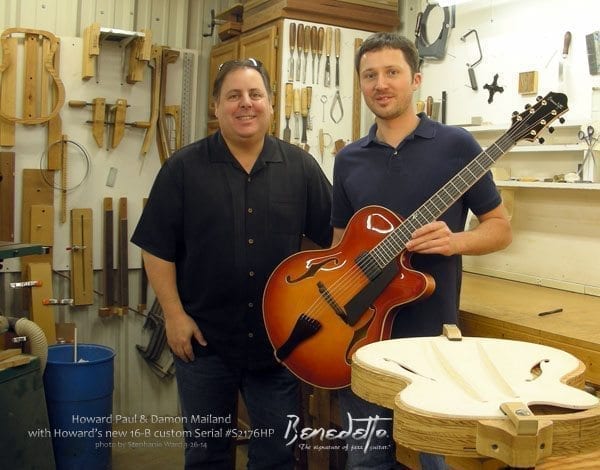 Damon Mailand holds Howard Paul's just finished new custom 16-B archtop (Serial #S2176HP- this time a six-string!) - finished in a gorgeous Autumnburst/Violinburst combination finish per Larry Perkins ...
