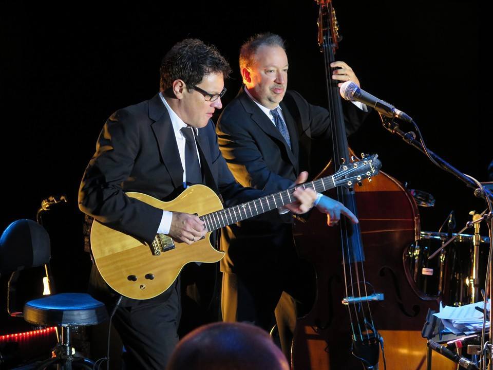 Benedetto Player Dan Faehnle (on his Benny electric) performs with the fabulous PINK MARTINI in Portugal July 2014. (Courtesy Dan Faehnle)