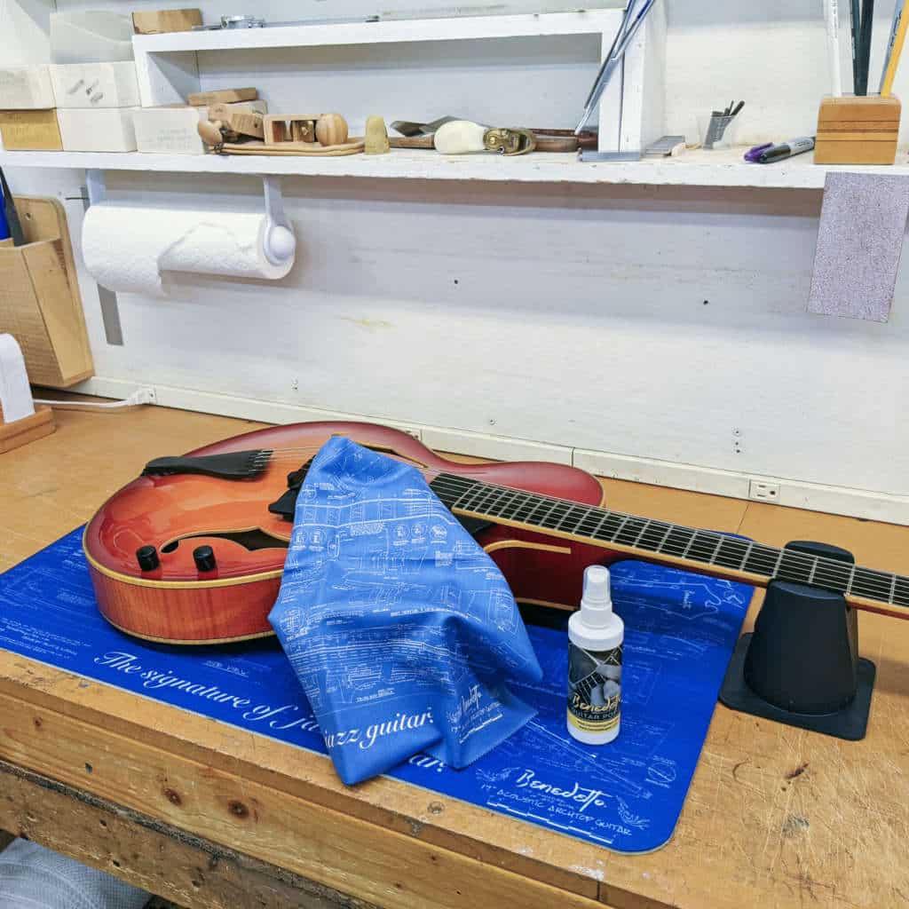 Benedetto blueprint microfiber polishing cloth, axe mat, and guitar polish