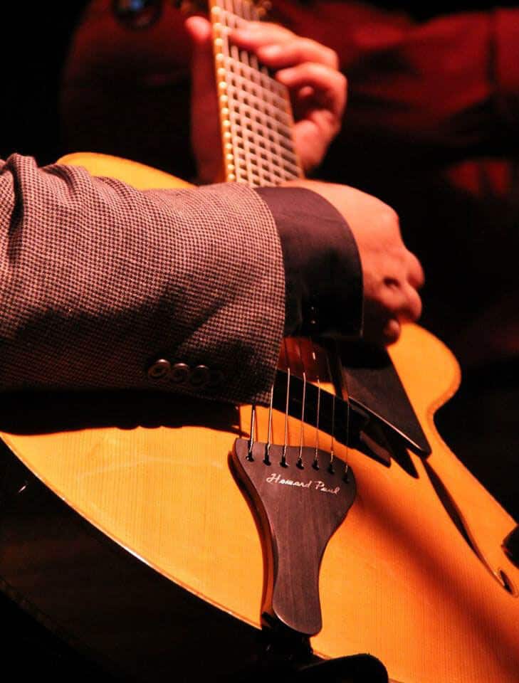 Close up Howard Paul playing Benedetto guitar