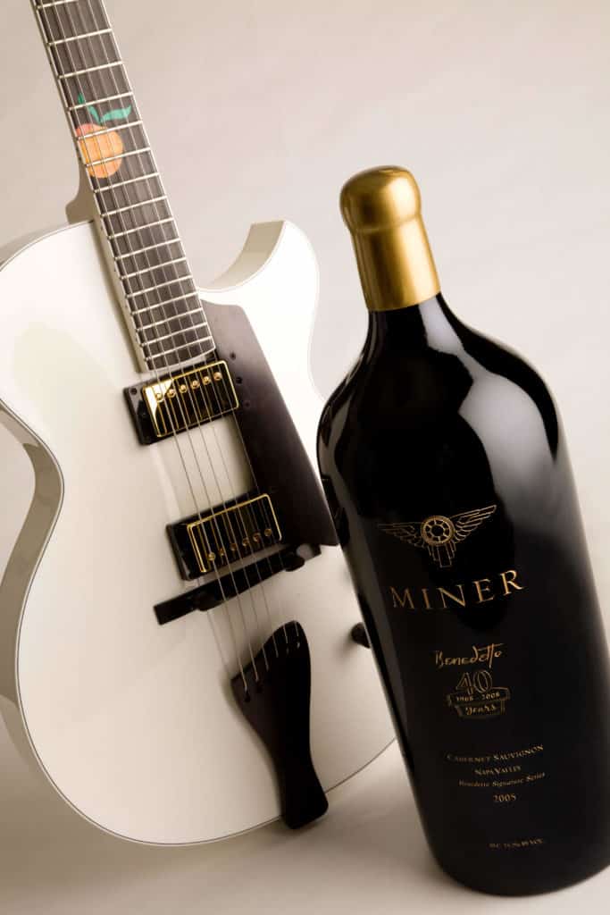 White Benedetto guitar with Bottle of Miner Wine