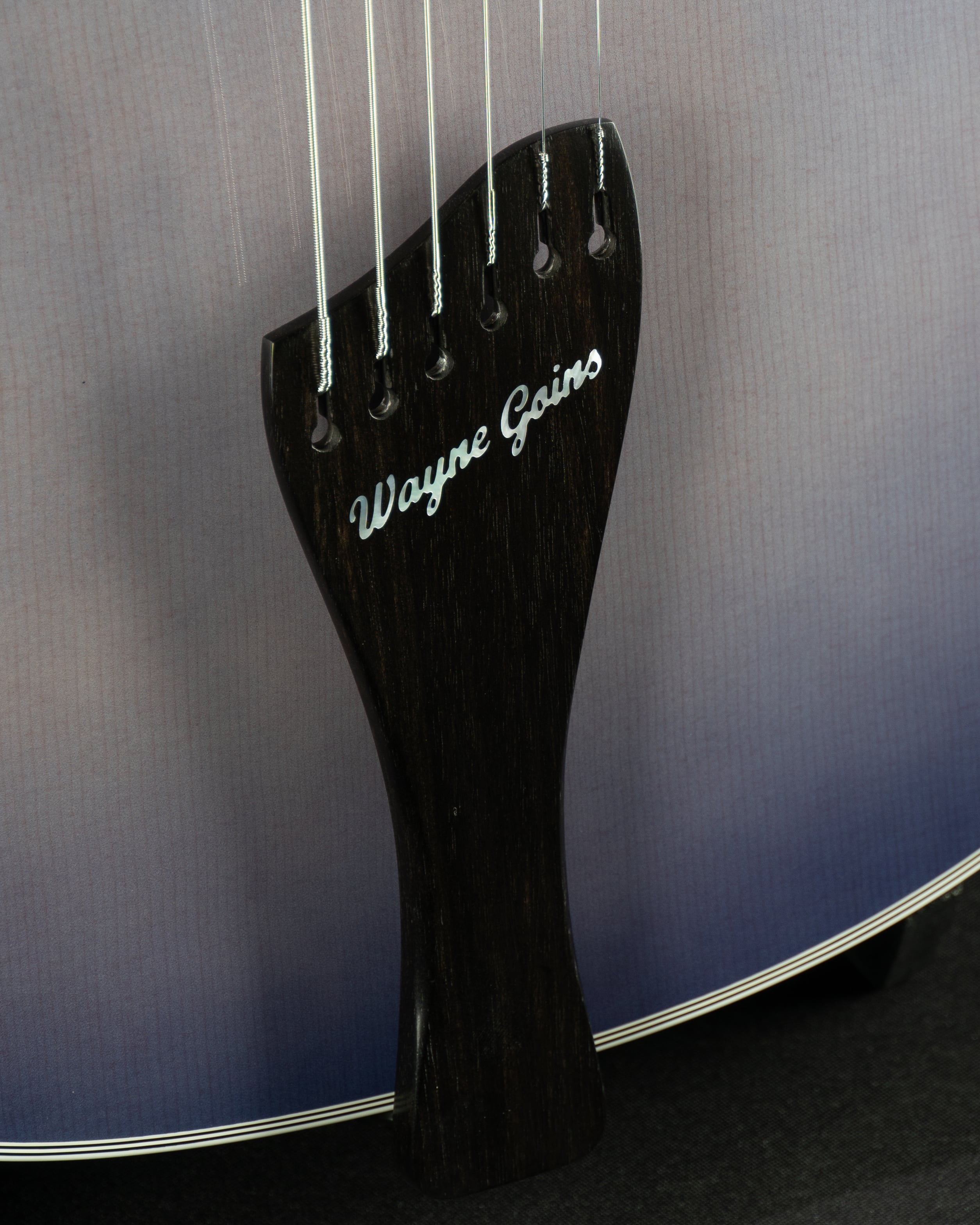 Wayne Goins signature on Benedetto guitar headstock, showcasing custom craftsmanship and design for a professional jazz musician.