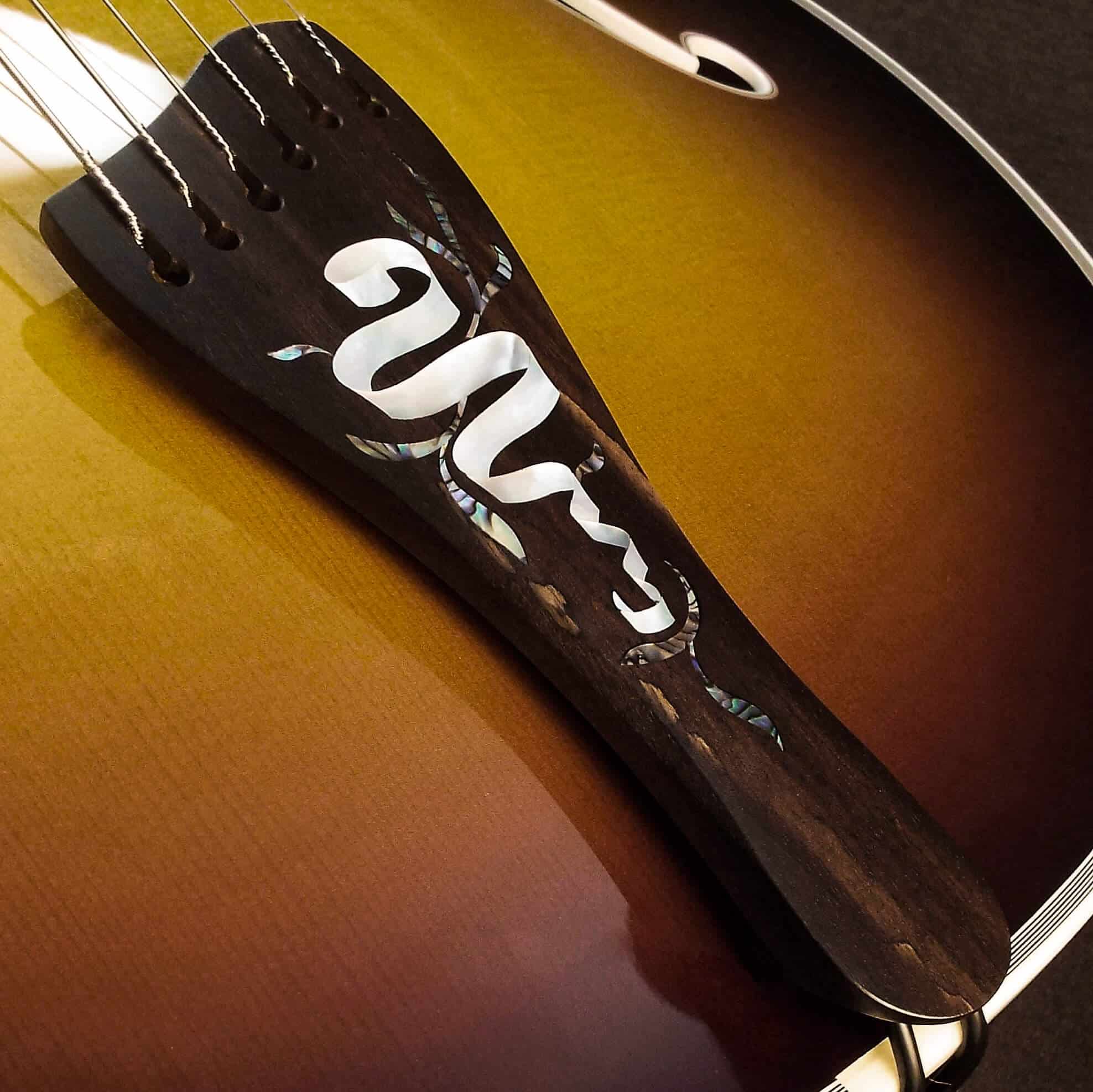 A detailed macro shot highlighting the singular artistry of a flagship Benedetto Cremona archtop. The hand-carved ebony tailpiece features an intricate, flowing vine inlay meticulously executed in mother-of-pearl and iridescent abalone shell. The tailpiece floats gracefully above a fine-grained spruce top finished in a rich, warm sunburst, bordered by delicate multi-line binding.
