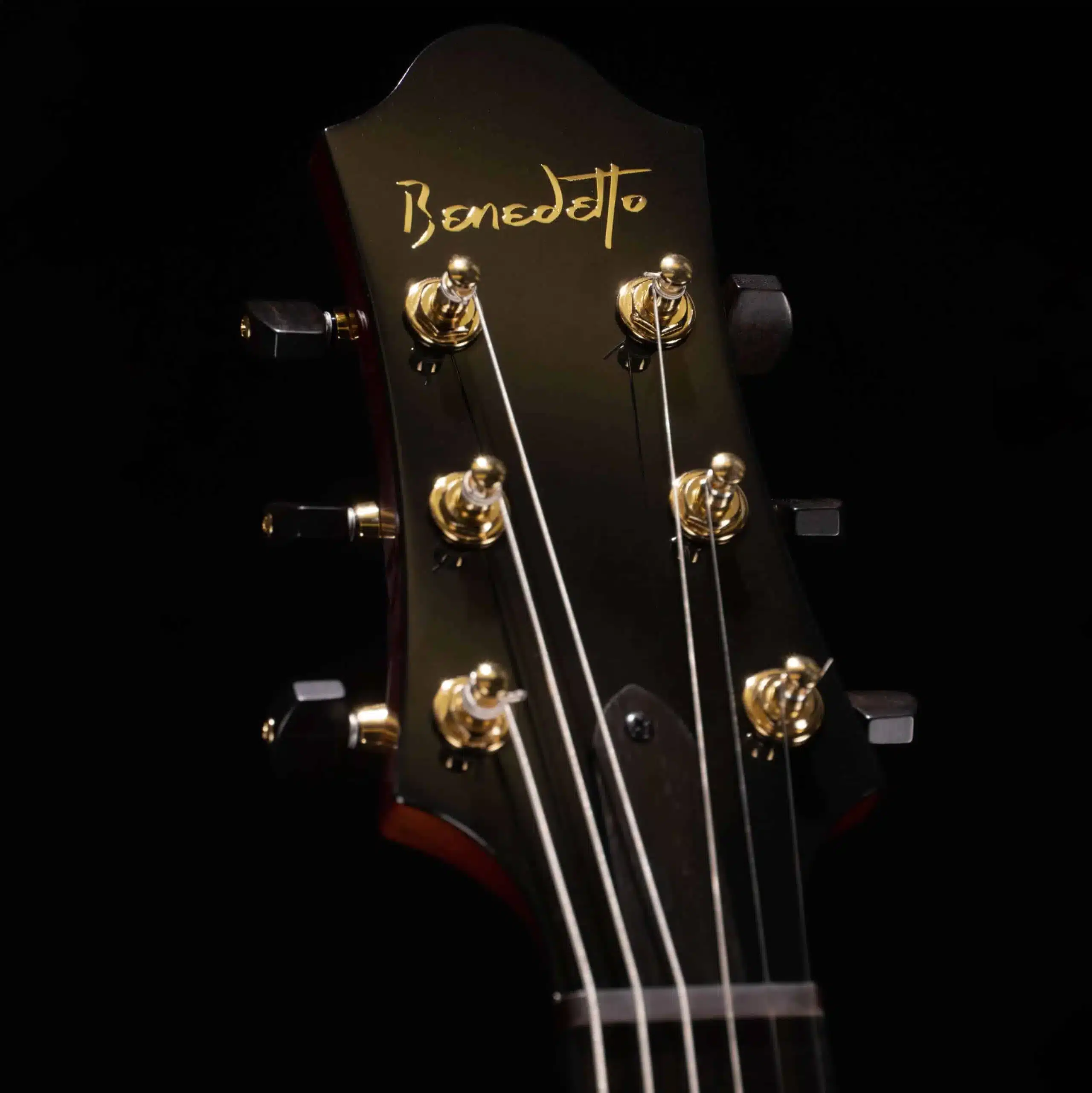 Close-up of a black Benedetto guitar headstock with gold tuning pegs and logo against a dark background.