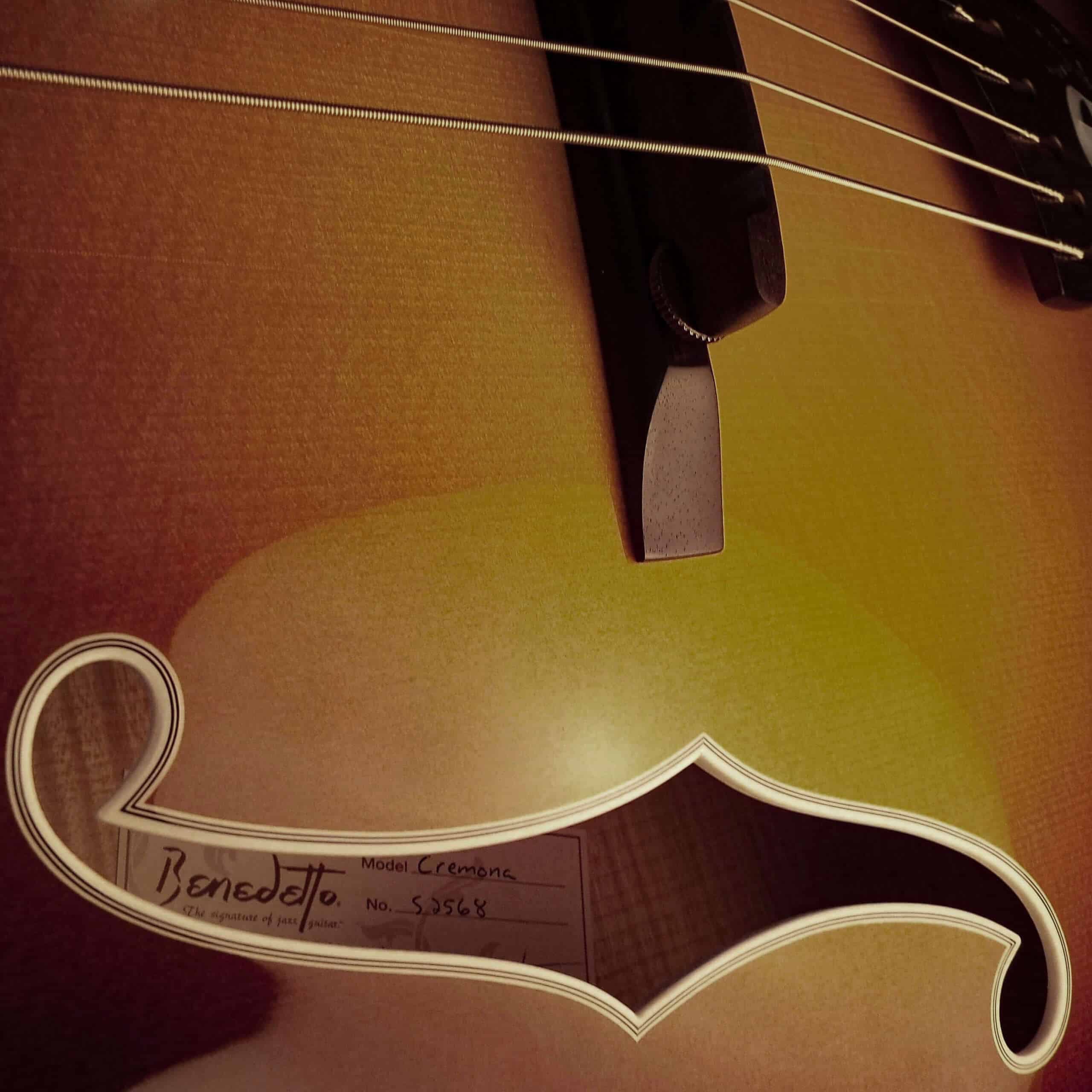 Close-up of a guitar's stylized f-hole revealing an internal Benedetto Cremona model label.
