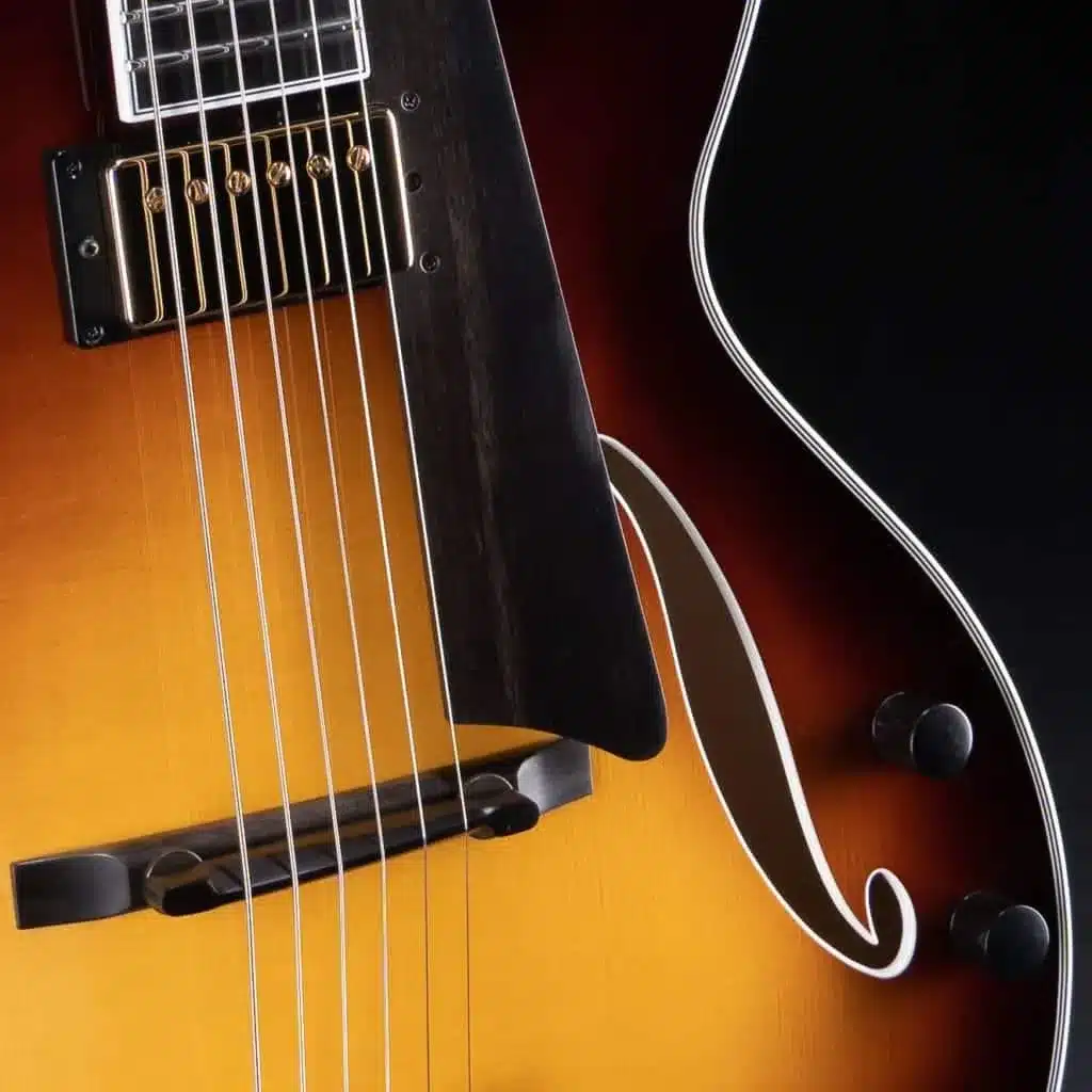 Close-up of a Benedetto 16B guitar body showing the pickup, ebony pickguard, floating bridge, and an S-hole.