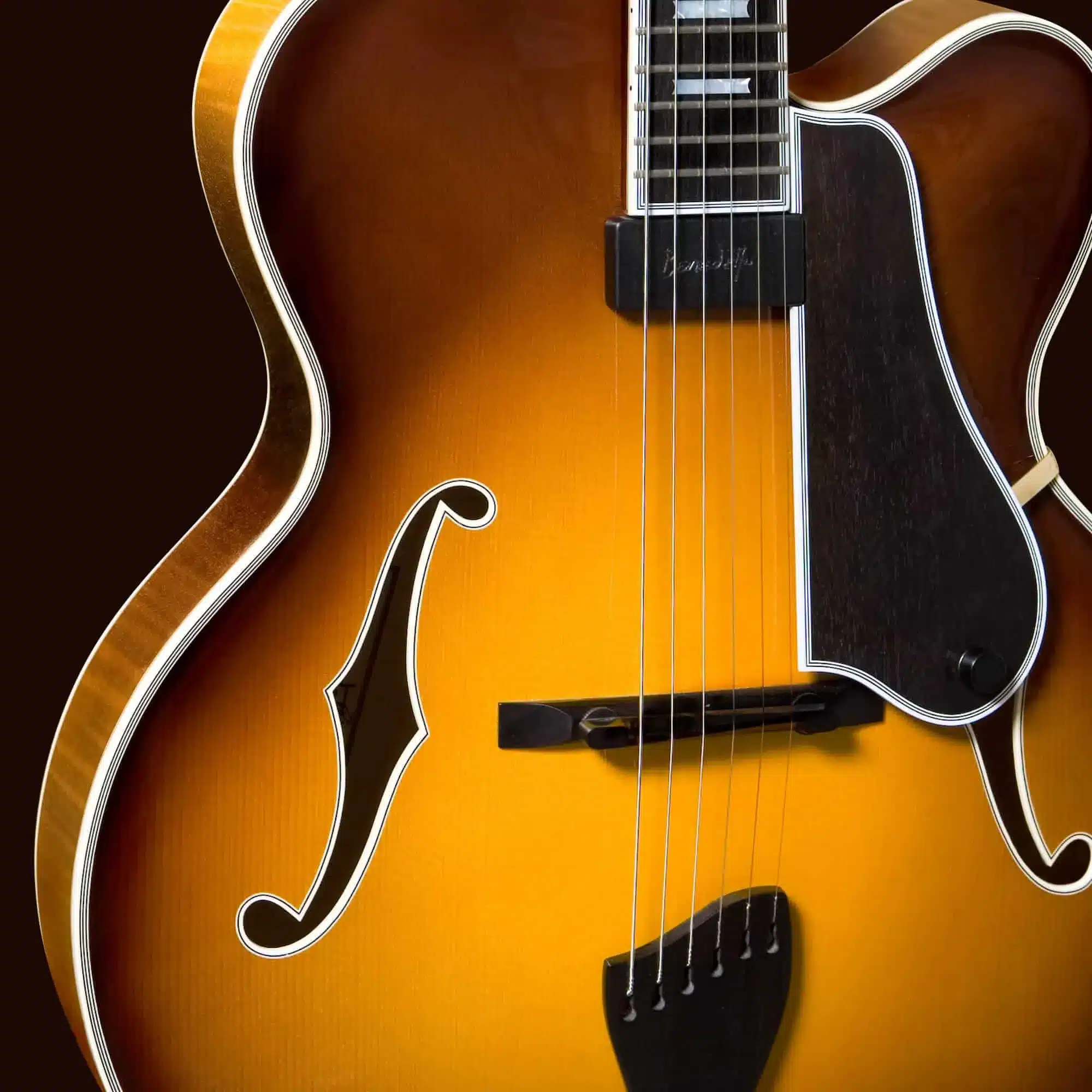 Close-up of a Benedetto Fratello archtop guitar body featuring a sunburst finish, ebony tailpiece, and multi-ply binding.