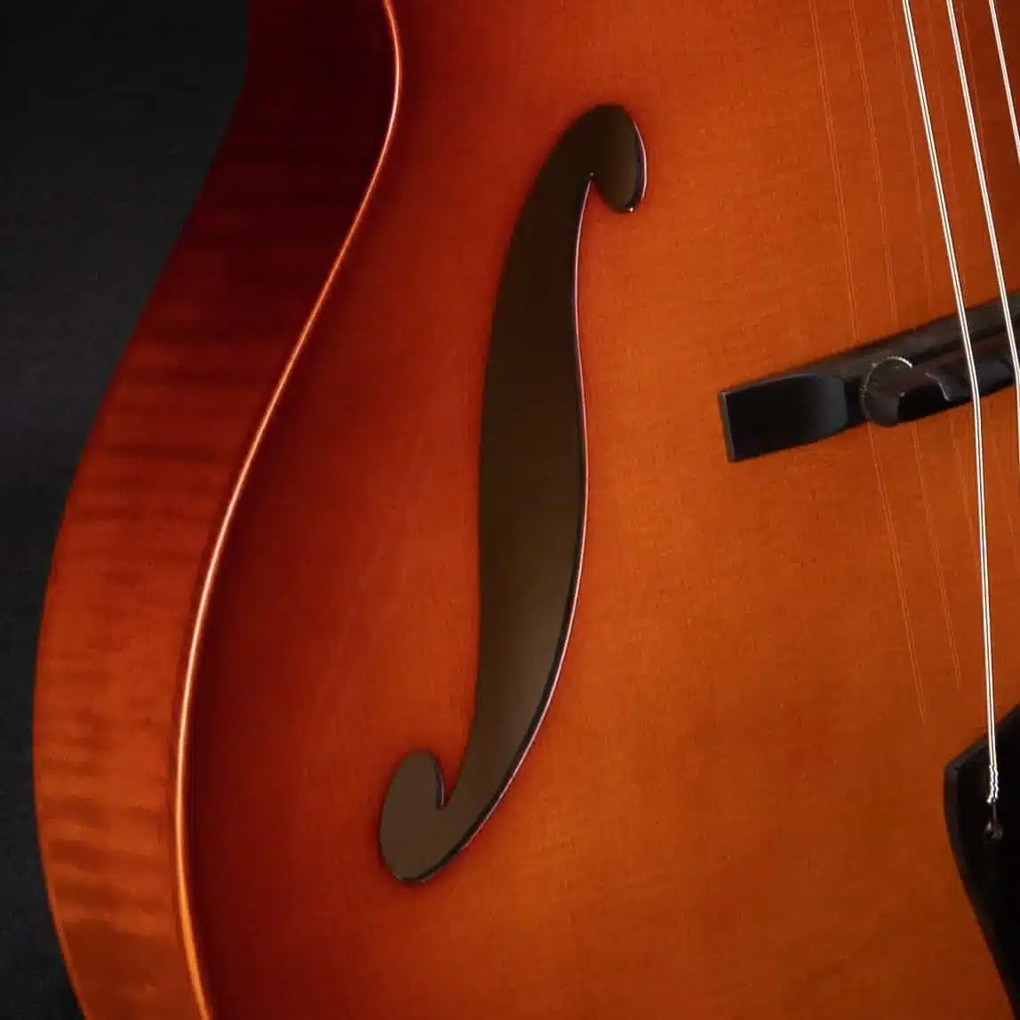 Close-up of a Benedetto archtop guitar showcasing the elegant f-hole design and rich, hand-carved finish,