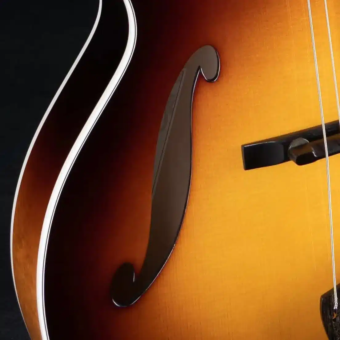 Detail shot of an S-hole, floating bridge, and multi-ply binding on a sunburst Benedetto archtop guitar.
